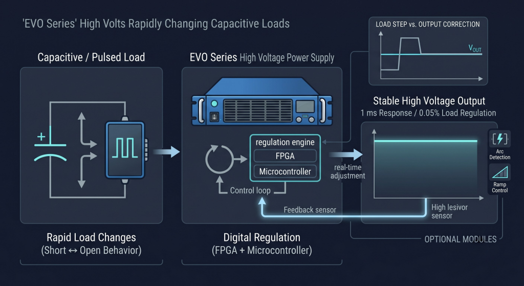 EVO Series high-voltage power supply digital control loop diagram showing stable output under rapidly changing capacitive loads.